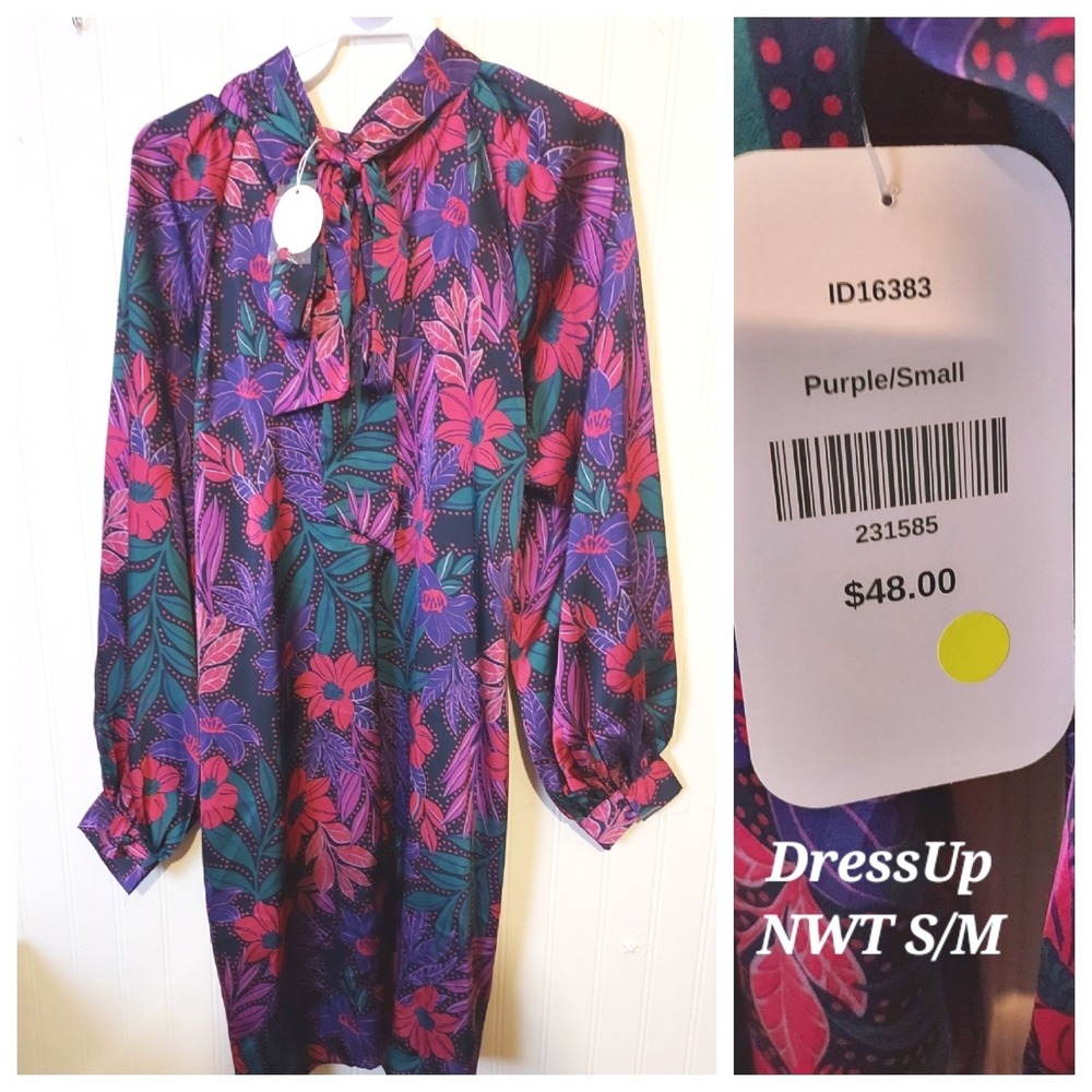 NWT‎ DressUp Purple Pink & Teal Floral Tie-Neck Pussybow Dress Small Medium